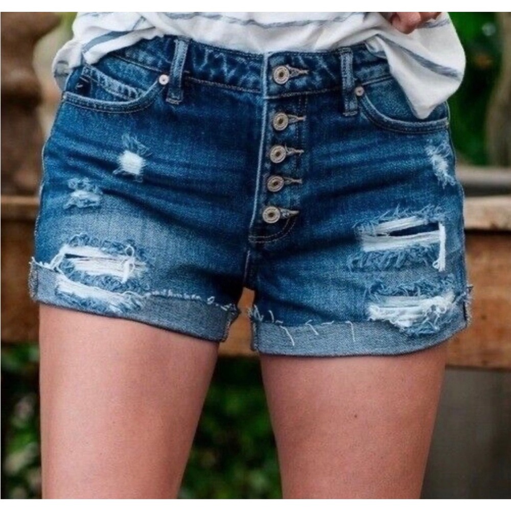 KanCan High Rise Distressed Button Fly Denim Shorts Medium Wash Size 9/28